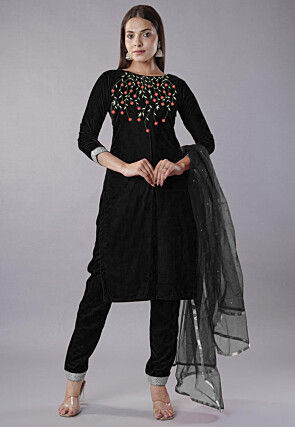 Embroidered Velvet Pakistani Suit in Black