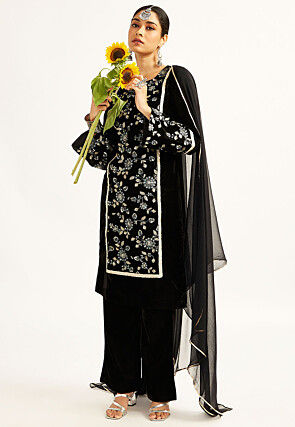 Embroidered Velvet Pakistani Suit in Black