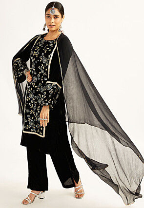 Embroidered Velvet Pakistani Suit in Black