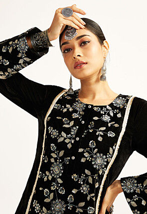 Embroidered Velvet Pakistani Suit in Black