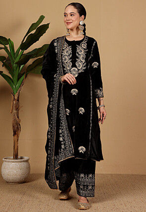 Embroidered Velvet Pakistani Suit in Black