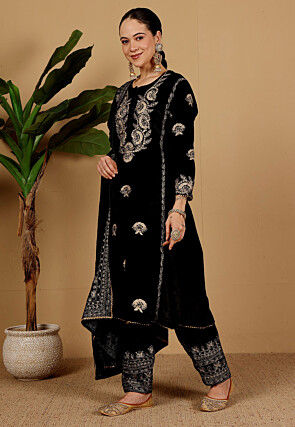 Embroidered Velvet Pakistani Suit in Black