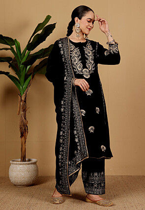 Embroidered Velvet Pakistani Suit in Black
