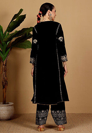Embroidered Velvet Pakistani Suit in Black