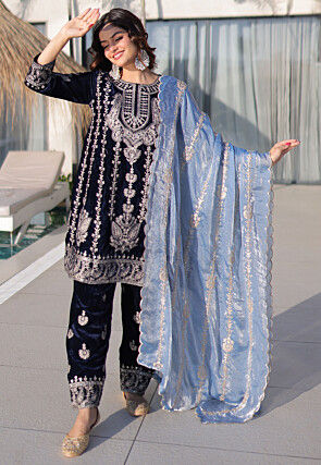 Embroidered Velvet Pakistani Suit in Blue