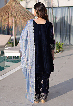 Embroidered Velvet Pakistani Suit in Blue