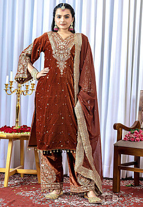Embroidered Velvet Pakistani Suit in Brown