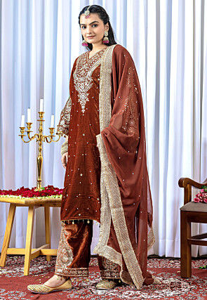 Embroidered Velvet Pakistani Suit in Brown