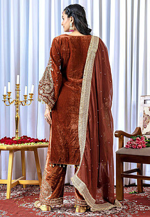 Embroidered Velvet Pakistani Suit in Brown
