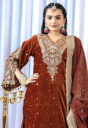 Embroidered Velvet Pakistani Suit in Brown