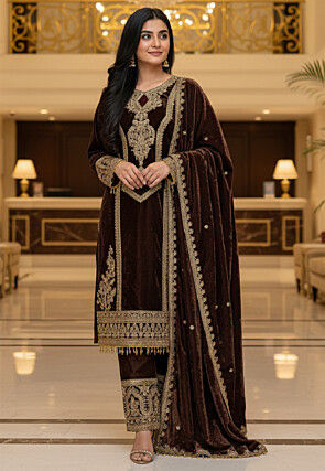 Brown - Velvet - Salwar Kameez: Buy Designer Indian Suits for Women Online | Utsav Fashion Brown - Velvet - Salwar Kameez: Buy Designer Indian Suits for Women Online | Utsav Fashion