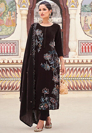 Embroidered Velvet Pakistani Suit in Brown
