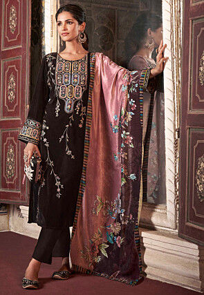Embroidered Velvet Pakistani Suit in Dark Brown