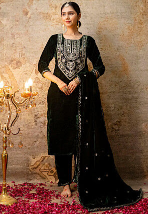 Embroidered Velvet Pakistani Suit in Dark Green