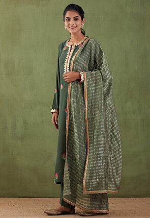 Embroidered Velvet Pakistani Suit in Dark Green