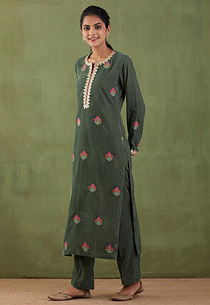 Embroidered Velvet Pakistani Suit in Dark Green