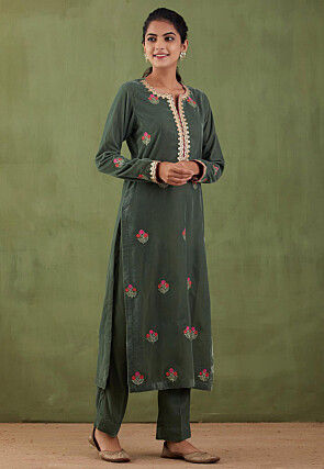 Embroidered Velvet Pakistani Suit in Dark Green