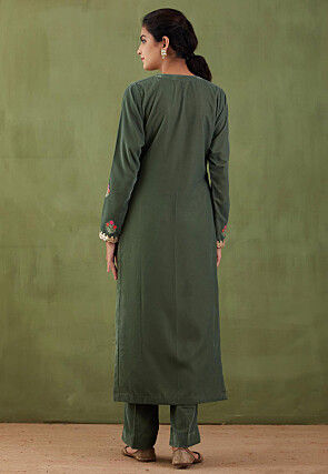 Embroidered Velvet Pakistani Suit in Dark Green