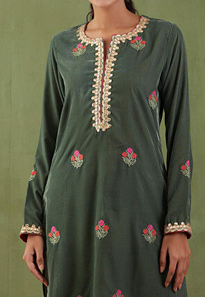 Embroidered Velvet Pakistani Suit in Dark Green