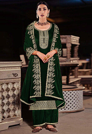 Embroidered Velvet Pakistani Suit in Dark Green