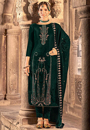Embroidered Velvet Pakistani Suit in Dark Green