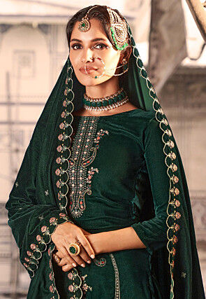 Embroidered Velvet Pakistani Suit in Dark Green