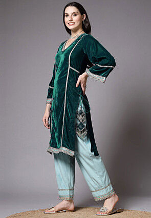 Embroidered Velvet Pakistani Suit in Dark Green