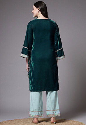 Embroidered Velvet Pakistani Suit in Dark Green