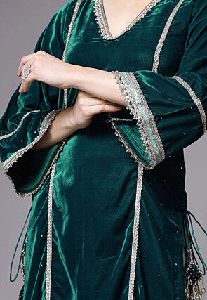 Embroidered Velvet Pakistani Suit in Dark Green
