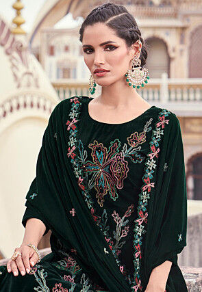 Embroidered Velvet Pakistani Suit in Dark Green