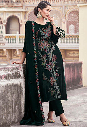 Embroidered Velvet Pakistani Suit in Dark Green