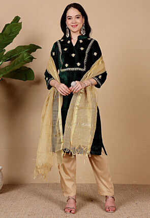 Embroidered Velvet Pakistani Suit in Dark Green