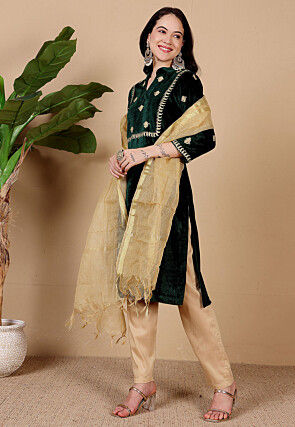 Embroidered Velvet Pakistani Suit in Dark Green