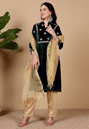 Embroidered Velvet Pakistani Suit in Dark Green