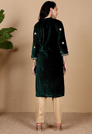Embroidered Velvet Pakistani Suit in Dark Green