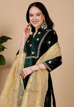 Embroidered Velvet Pakistani Suit in Dark Green