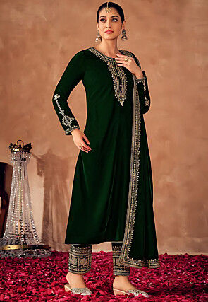 Embroidered Velvet Pakistani Suit in Dark Green