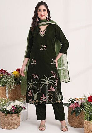 Embroidered Velvet Pakistani Suit in Dark Olive Green