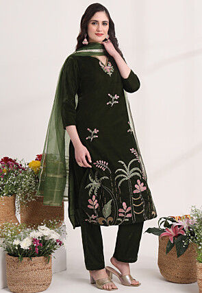 Embroidered Velvet Pakistani Suit in Dark Olive Green