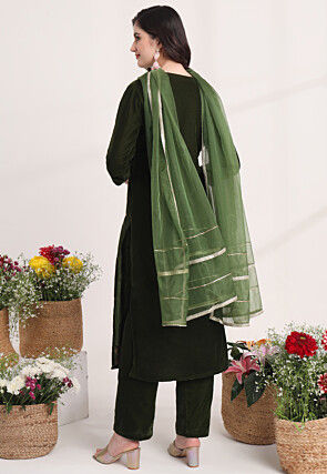 Embroidered Velvet Pakistani Suit in Dark Olive Green