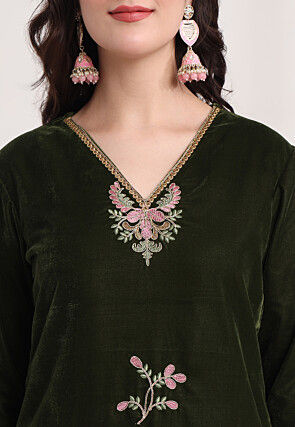 Embroidered Velvet Pakistani Suit in Dark Olive Green