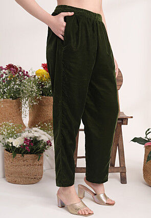 Embroidered Velvet Pakistani Suit in Dark Olive Green