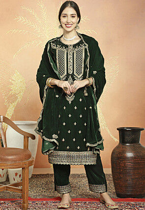 Embroidered Velvet Pakistani Suit in Dark Olive Green