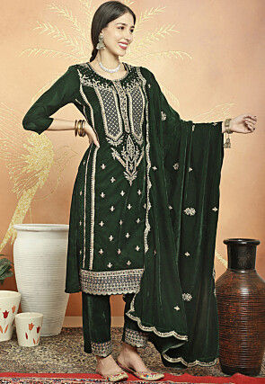 Embroidered Velvet Pakistani Suit in Dark Olive Green