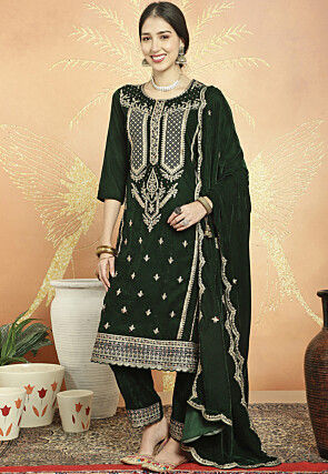 Embroidered Velvet Pakistani Suit in Dark Olive Green