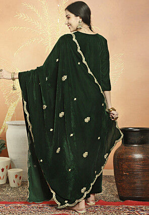 Embroidered Velvet Pakistani Suit in Dark Olive Green
