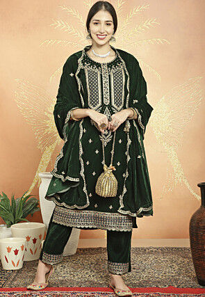 Embroidered Velvet Pakistani Suit in Dark Olive Green