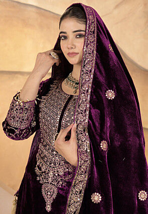 Embroidered Velvet Pakistani Suit in Dark Purple
