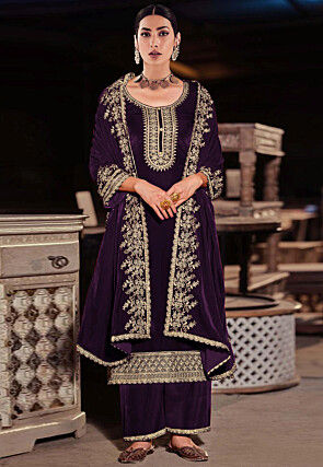 Embroidered Velvet Pakistani Suit in Dark Purple