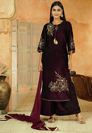 Embroidered Velvet Pakistani Suit in Dark Purple